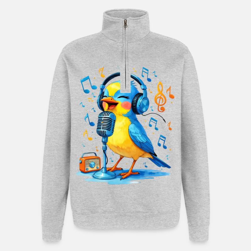 Karaoke Vogel mit Kopfhörern - Quarter-Zip-Sweatshirt - Grau meliert