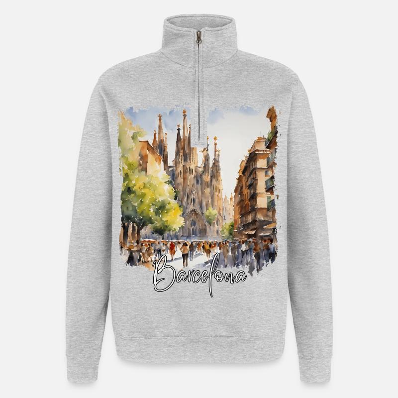 Aquarelle de Barcelone, Barcelone, Espagne - Sweat à zip 1/4 - gris chiné