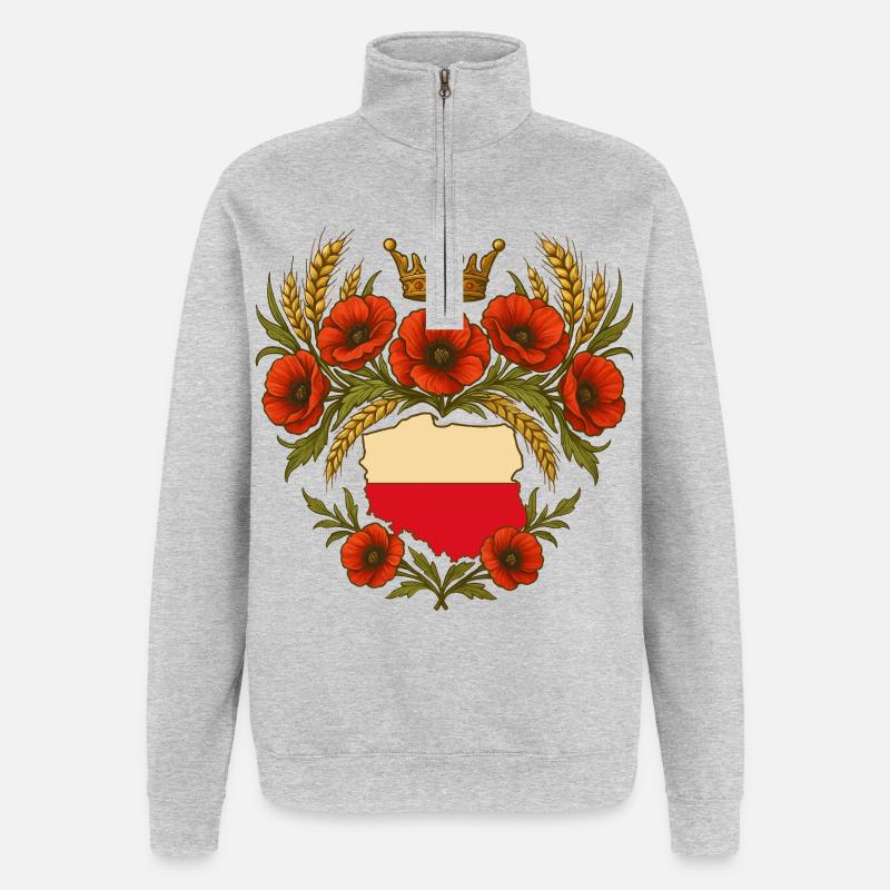 Polish Map Crown with Poppies Design - Quarter-Zip Sweatshirt - heather grey