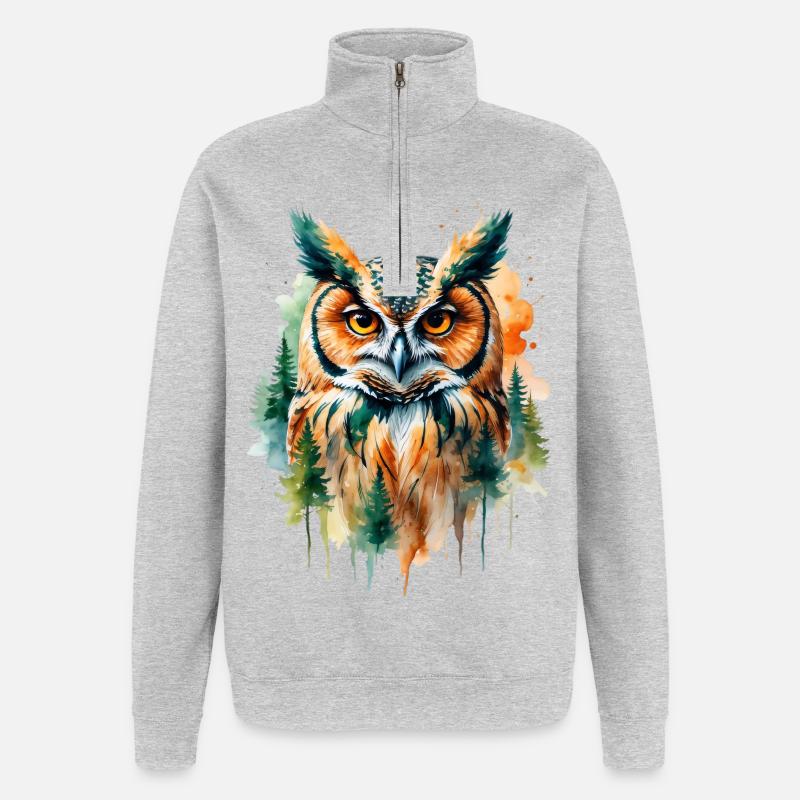 Wasserfarbene Eule im Walddesign - Quarter-Zip-Sweatshirt - Grau meliert