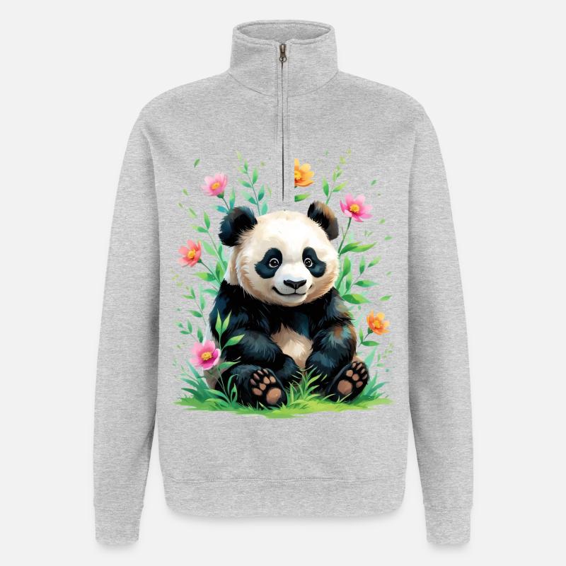 Panda im Blütenwald - Quarter-Zip-Sweatshirt - Grau meliert