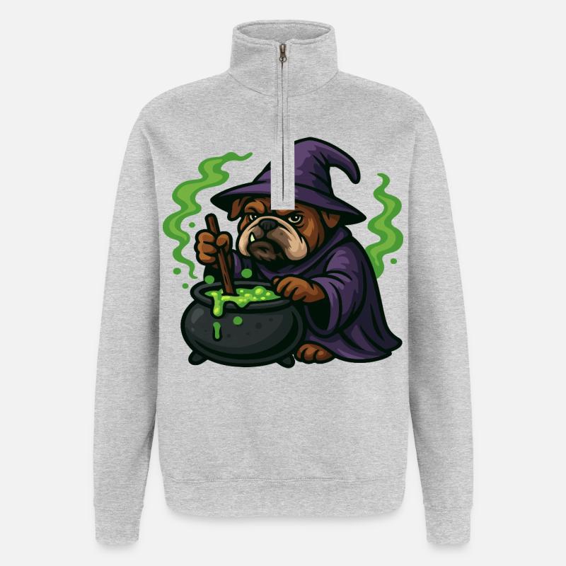 Bulldog Wizard Stirring Green Magic Cauldron - Quarter-Zip Sweatshirt - heather grey