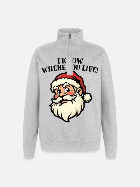 Ich weiß, wo du wohnst – Weihnachtsmann - Quarter-Zip-Sweatshirt - Grau meliert