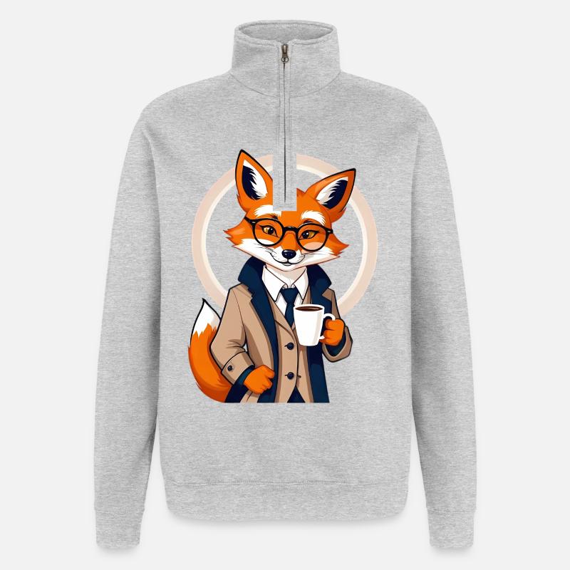 Fuchs im Anzug mit Kaffee - Quarter-Zip-Sweatshirt - Grau meliert