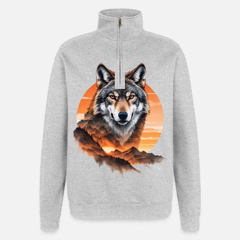 Wolf im Abendrot über Bergen - Quarter-Zip-Sweatshirt - Grau meliert