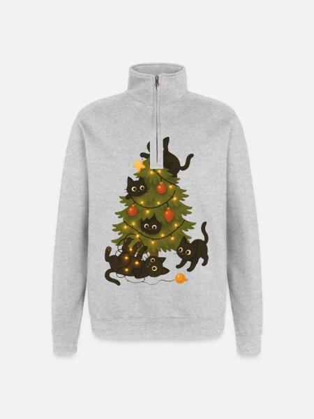 Funny Cats Playing Around Christmas Tree - Quarter-Zip Sweatshirt - heather grey