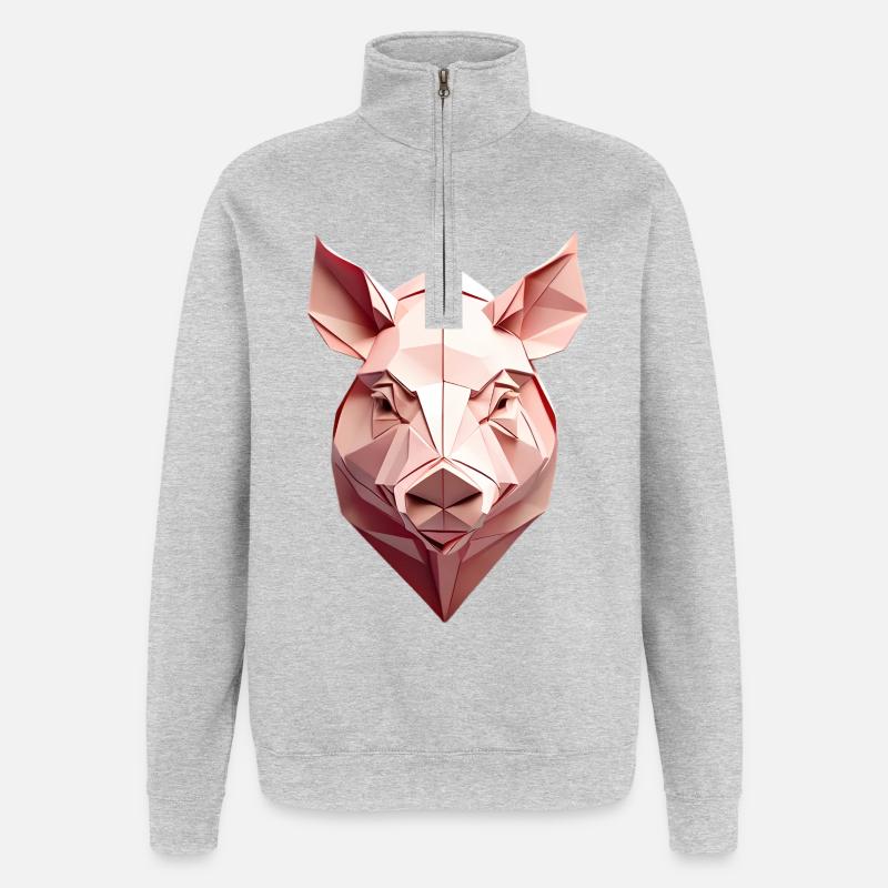 Low-Poly Schwein Kopf Pink - Quarter-Zip-Sweatshirt - Grau meliert