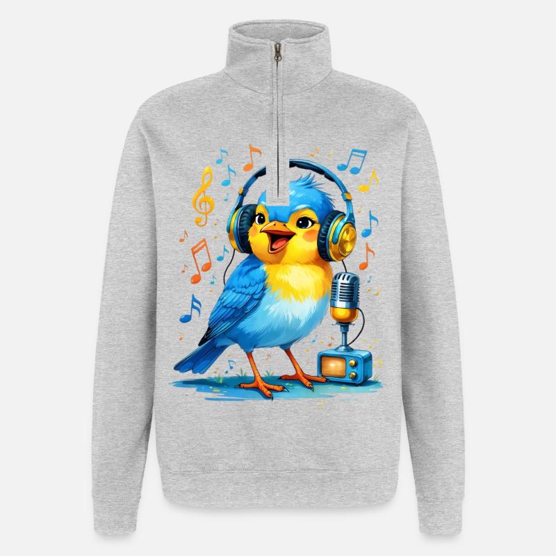 Karaoke Vogel mit Kopfhörern - Quarter-Zip-Sweatshirt - Grau meliert