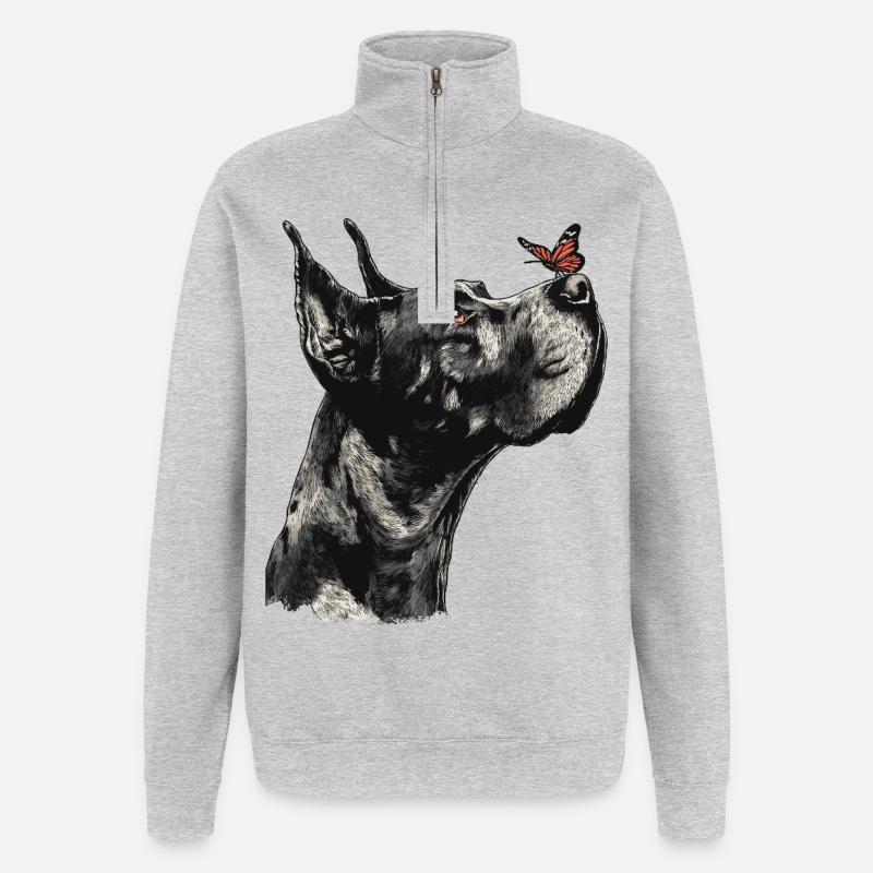 Dogue allemand avec papillon rouge - Sweat à zip 1/4 - gris chiné