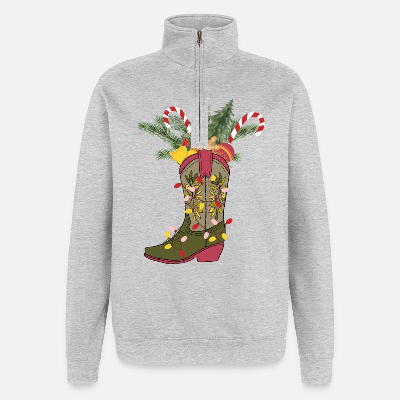 Bottes de cow-boy de Noël - Sweat à zip 1/4 - gris chiné
