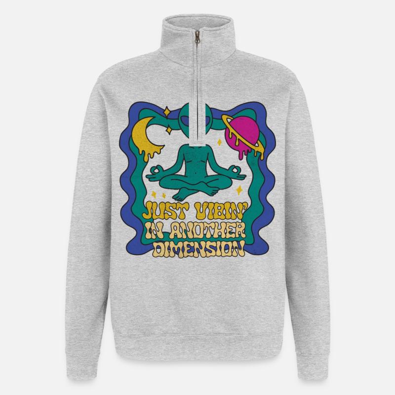 Meditierender Alien im Retro-Space Look - Quarter-Zip-Sweatshirt - Grau meliert