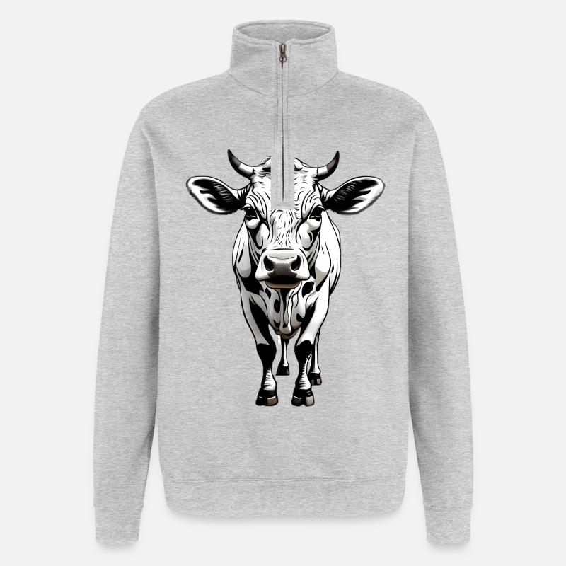 Illustration monochrome de tête de vache - Sweat à zip 1/4 - gris chiné