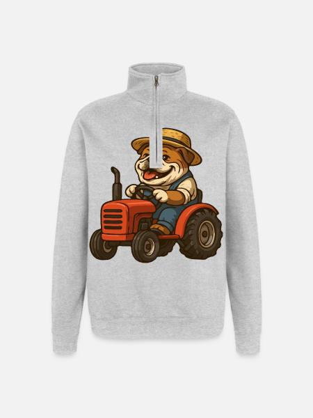Cute Bulldog Farmer Driving Red Tractor Cartoon - Quarter-Zip Sweatshirt - heather grey