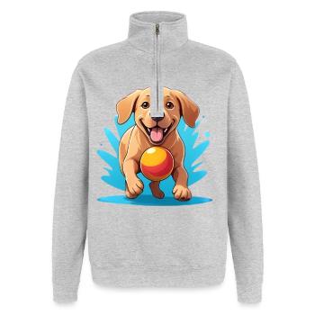 Fröhlicher Hund mit Ball Cartoon - Quarter-Zip-Sweatshirt - Grau meliert - Vorne - AI Model Female 172 light (172cm) & AI Model Male 178 dark (178cm)