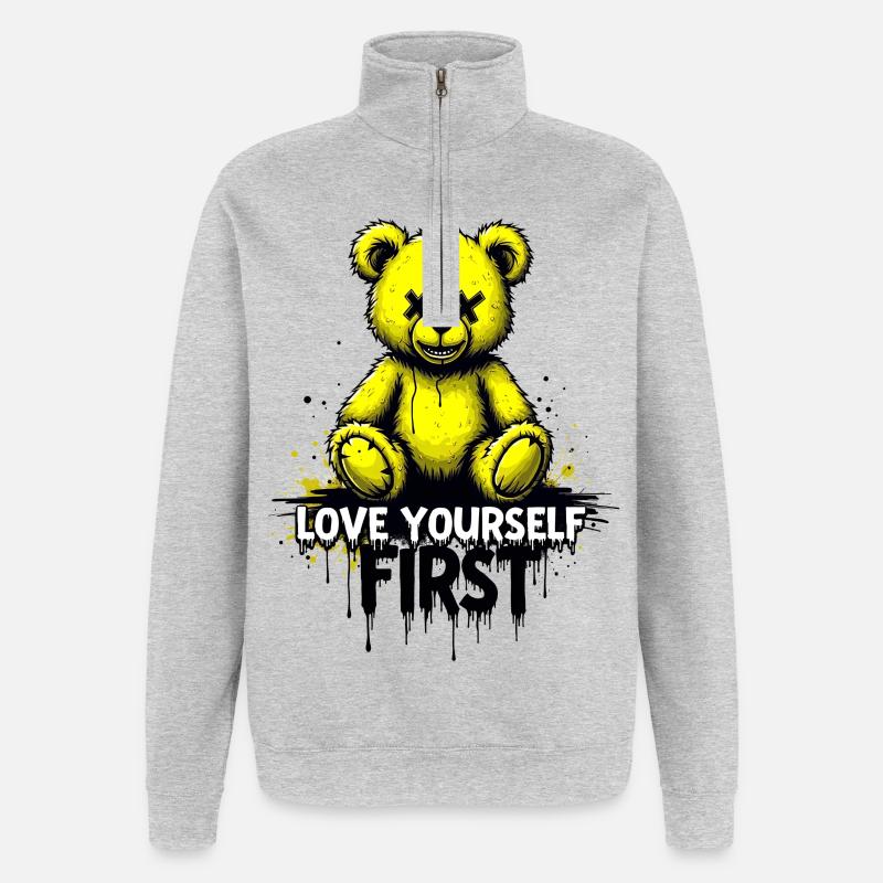 Love Yourself First Teddybär Graffiti - Quarter-Zip-Sweatshirt - Grau meliert