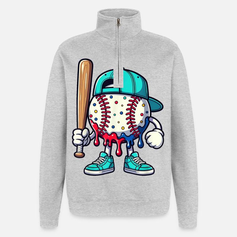 Schmelzendes Baseball-Maskottchen mit Schläger - Quarter-Zip-Sweatshirt - Grau meliert