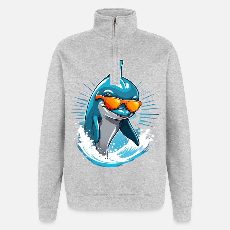 Dolphin with sunglasses and surf splash - Quarter-Zip Sweatshirt - heather grey