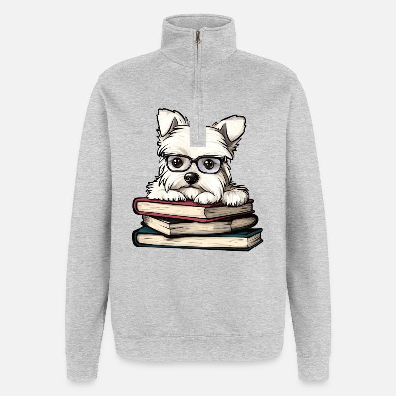 Süßes Westie-Hundelesebuch mit Brille - Quarter-Zip-Sweatshirt - Grau meliert