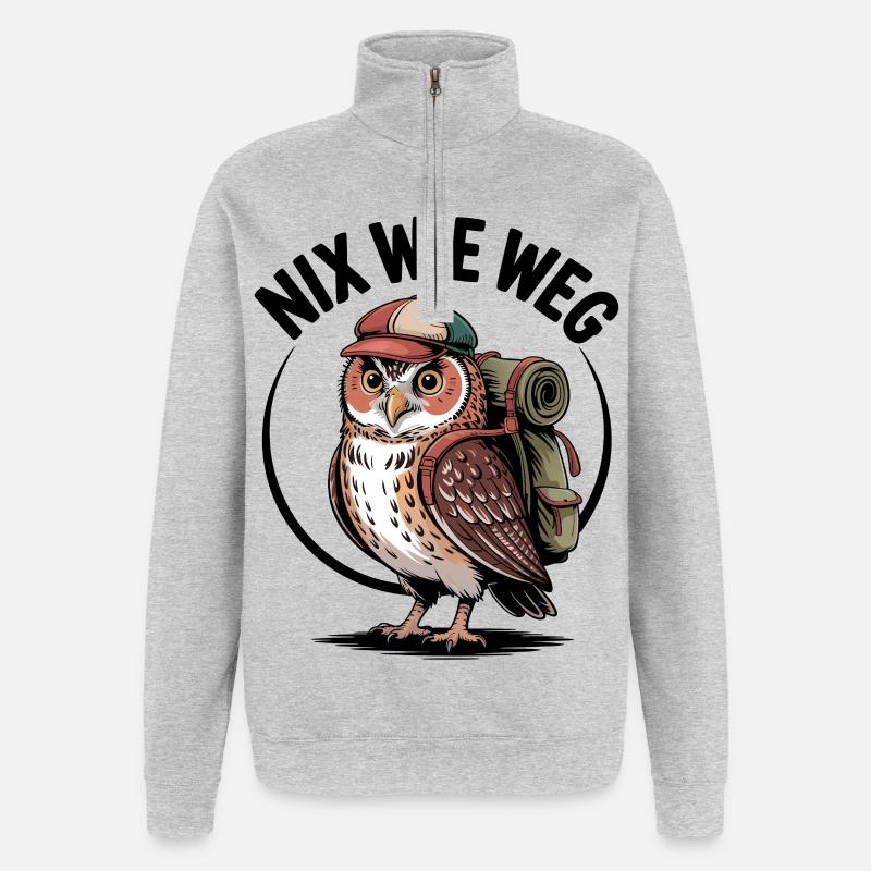 Wander-Eule mit Rucksack - Quarter-Zip-Sweatshirt - Grau meliert