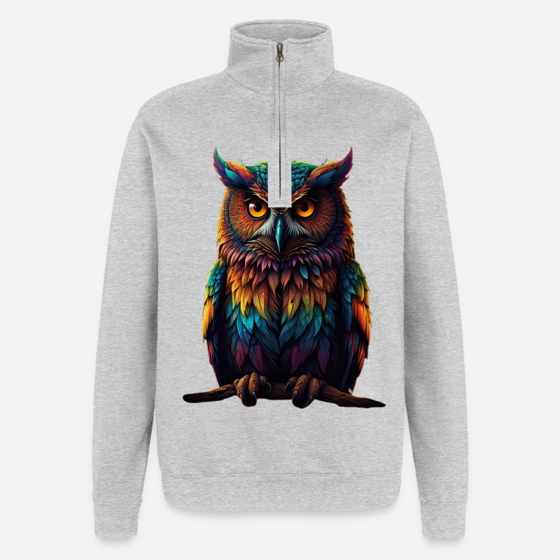 Bunte Eulenfedern Neonaugen - Quarter-Zip-Sweatshirt - Grau meliert