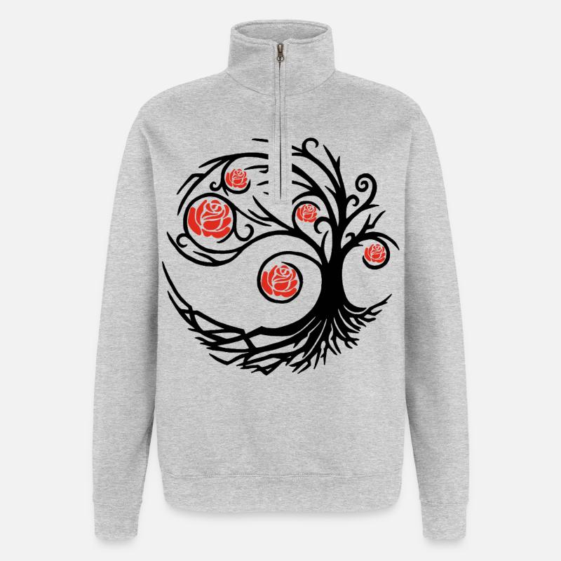 Stilisierter schwarzer Baum und rote Rosen - Quarter-Zip-Sweatshirt - Grau meliert