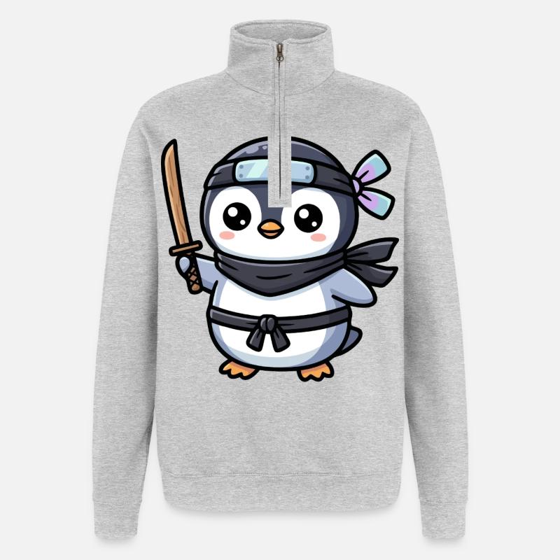 Pingouin Ninja avec Épée - Sweat à zip 1/4 - gris chiné