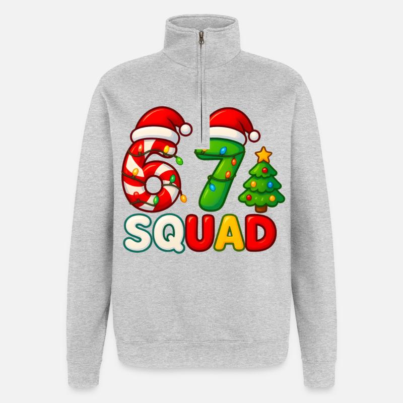 Funny 67 Six Seven Squad Meme Noël - Sweat à zip 1/4 - gris chiné