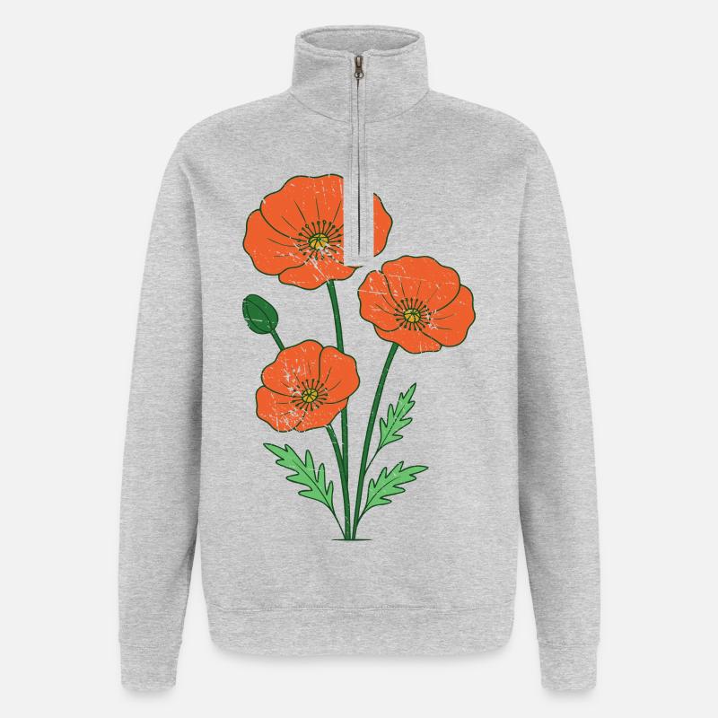 Orange Mohnblumen botanische Illustration - Quarter-Zip-Sweatshirt - Grau meliert