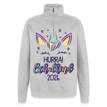 Hurra Schulkind 2026 - Quarter-Zip-Sweatshirt - Grau meliert - Vorne - AI Model Female 172 light (172cm) & AI Model Male 178 dark (178cm)