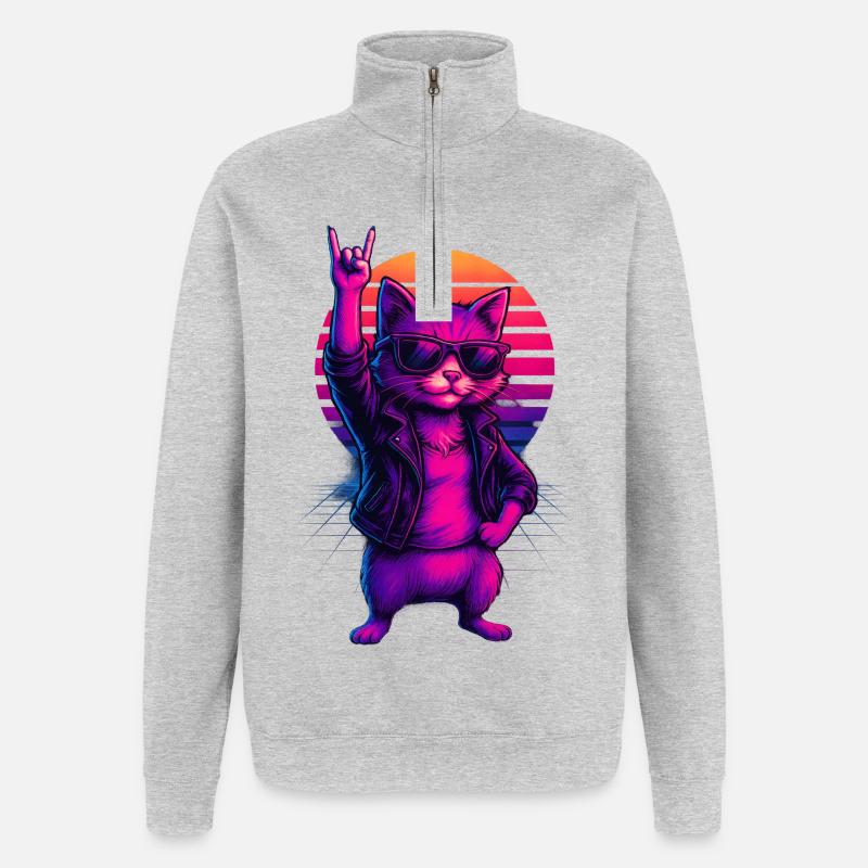 Synthwave Chat Chat Retro Sunset - Sweat à zip 1/4 - gris chiné