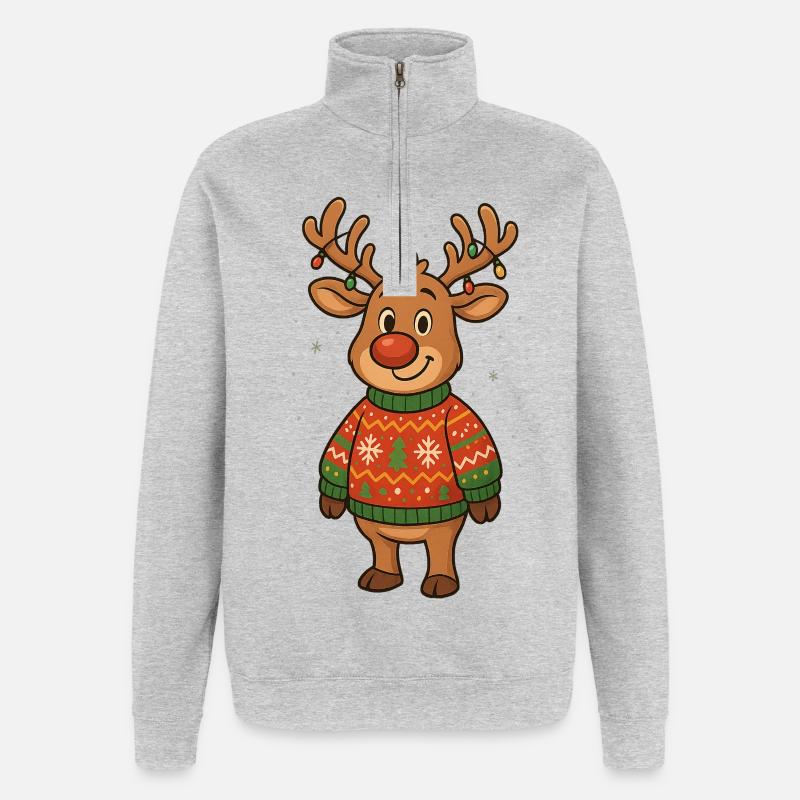 Winterhirsch im Weihnachtspullover - Quarter-Zip-Sweatshirt - Grau meliert