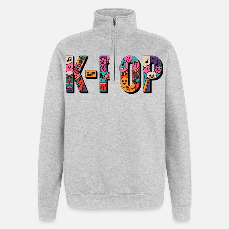 K-POP : Doodle Pop - Sweat à zip 1/4 - gris chiné