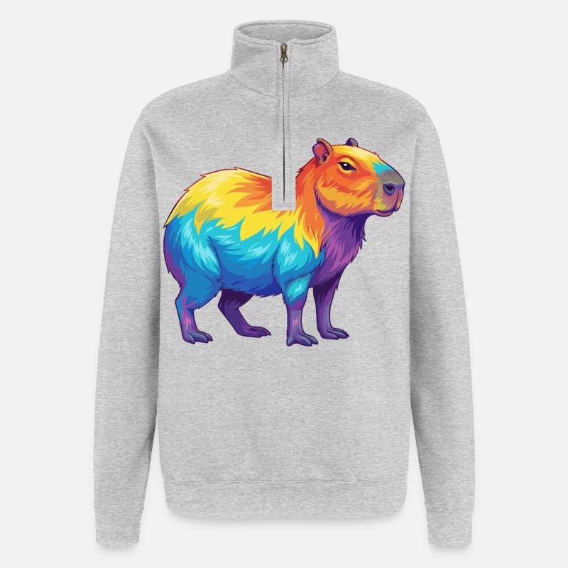 Bunte Capybara-Regenbogen-Pop-Art-Aquarell - Quarter-Zip-Sweatshirt - Grau meliert