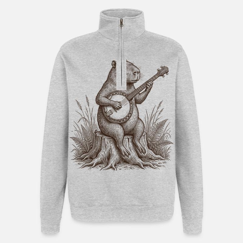 Drôle de capybara jouant du banjo - Sweat à zip 1/4 - gris chiné