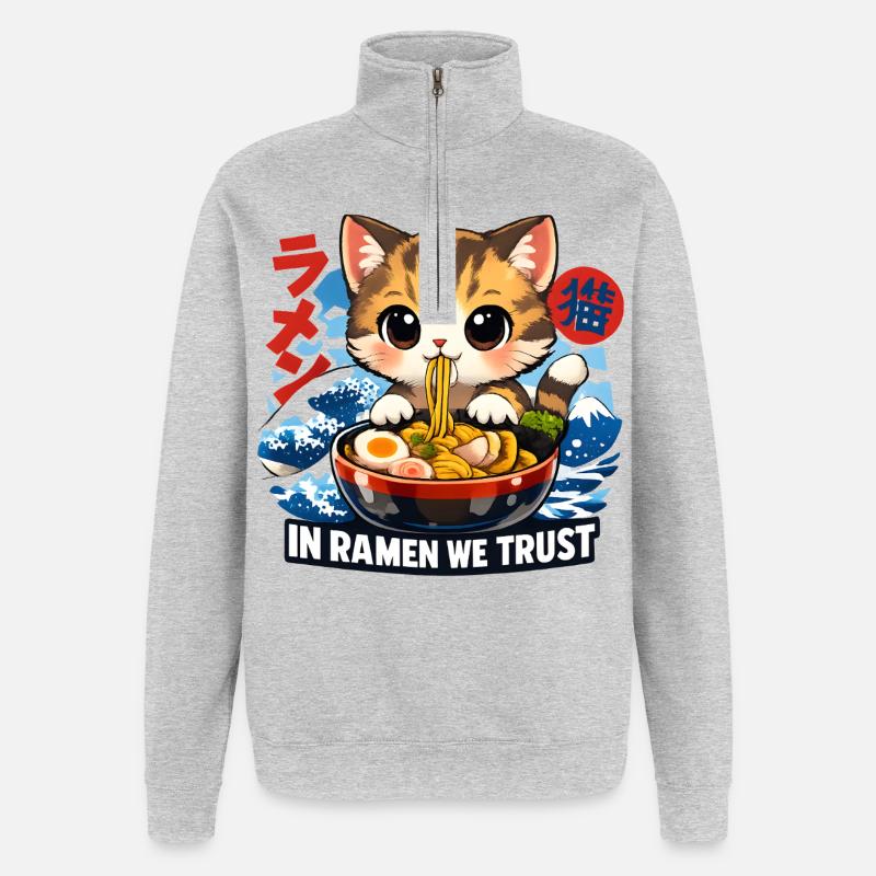 Ramen Katze - Quarter-Zip-Sweatshirt - Grau meliert