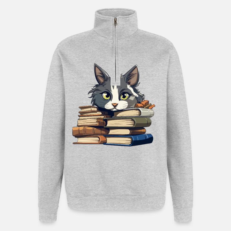 Bücherstapel Katze Bibliophile - Quarter-Zip-Sweatshirt - Grau meliert