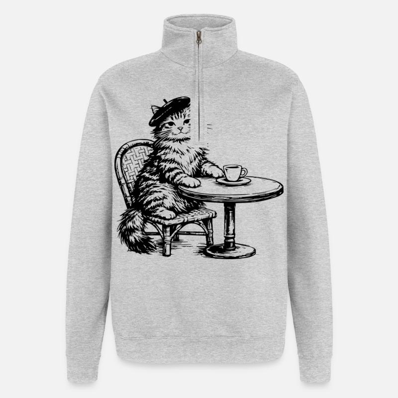 Gatto con Basco al Caffè - Design Retro Vintage - Felpa con zip 1/4 - grigio melange