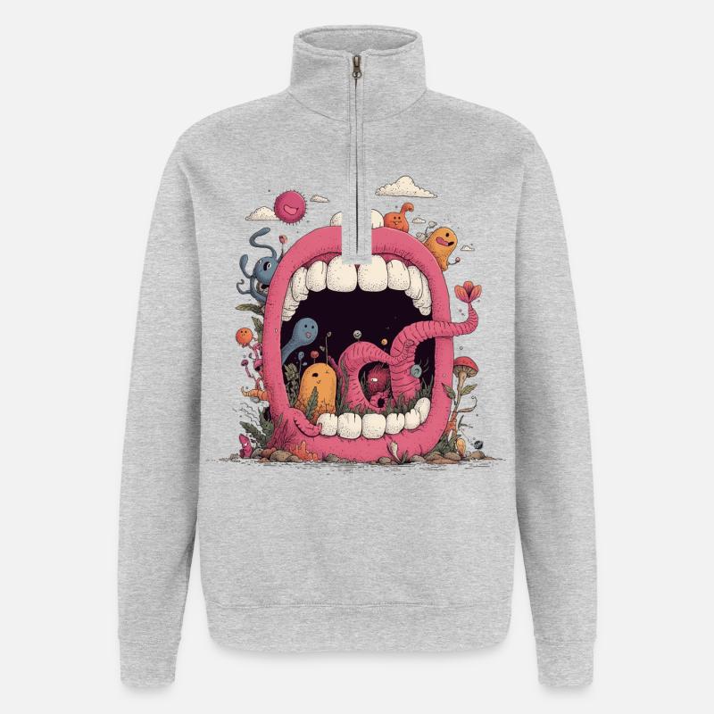 Pink Mouth World with Creatures - Quarter-Zip Sweatshirt - heather grey