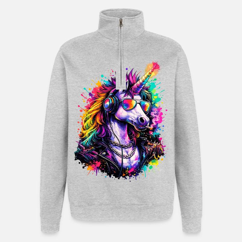 Cooles Einhorn DJ mit Kopfhörern - Quarter-Zip-Sweatshirt - Grau meliert