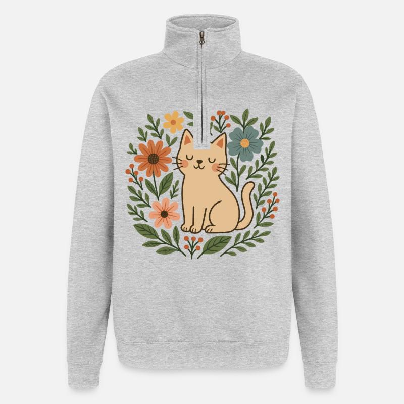 Chat fleuri parmi les fleurs - Sweat à zip 1/4 - gris chiné