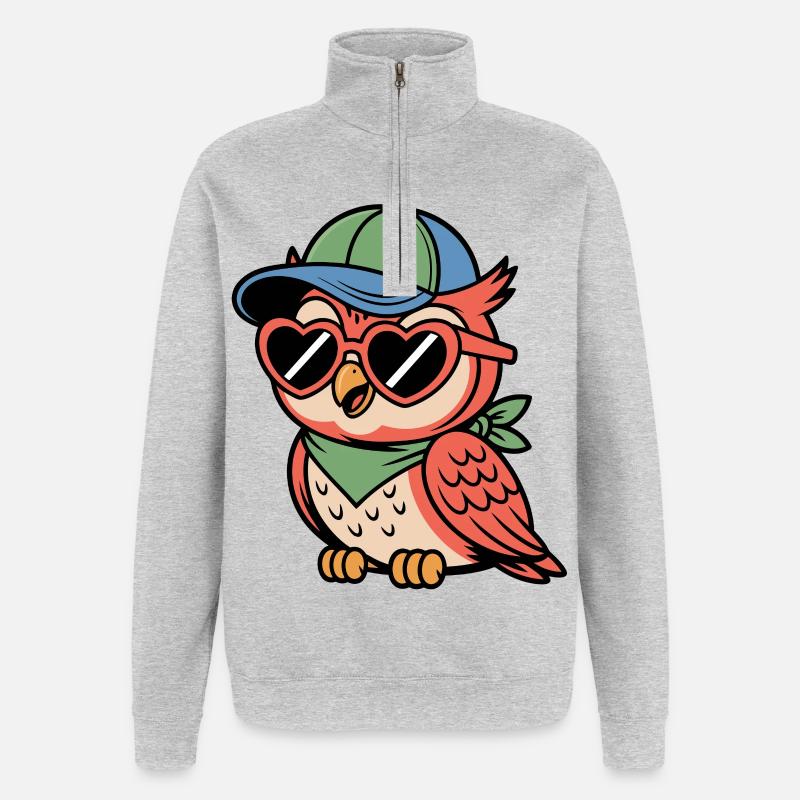 Sonnenbrillen-Eule im Retro-Look - Quarter-Zip-Sweatshirt - Grau meliert