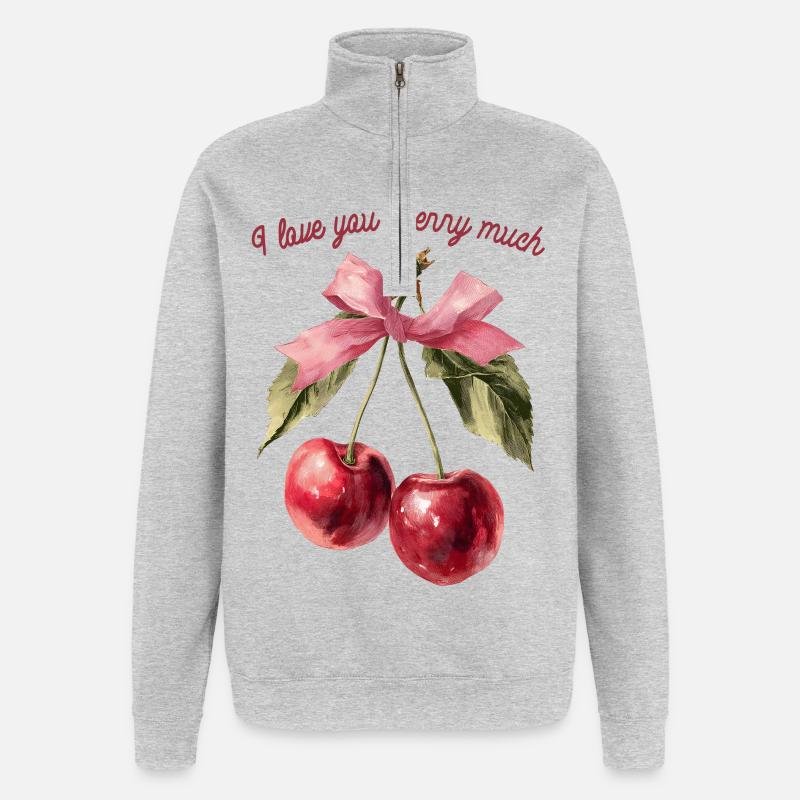 Cerises avec ruban | Saint-Valentin - Amour - Sweat à zip 1/4 - gris chiné