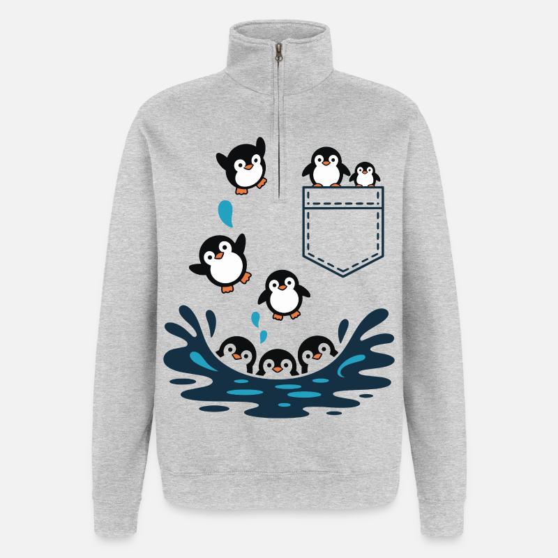 Pinguin Sprung ins Wasser Pocket Design - Quarter-Zip-Sweatshirt - Grau meliert