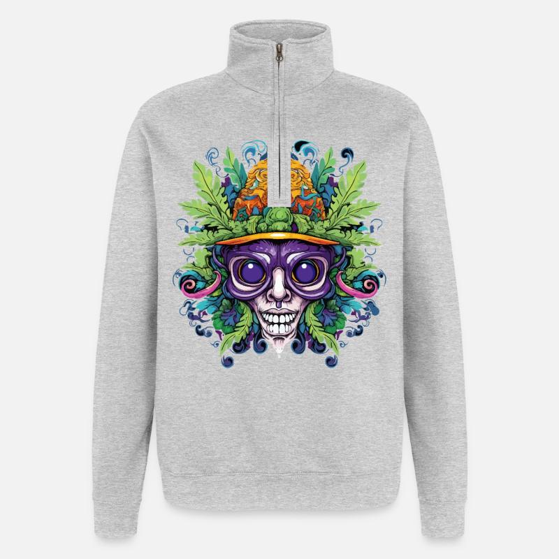 Psychedelischer Schädel mit Blattkrone - Quarter-Zip-Sweatshirt - Grau meliert