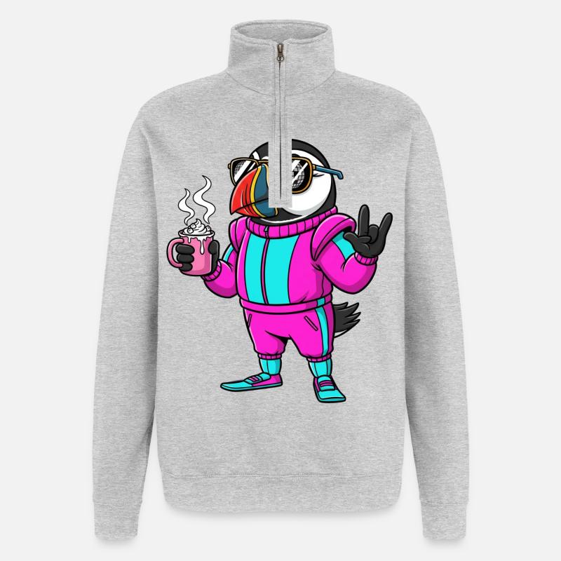 Stylischer Vogel im Ski-Overall mit Kaffee - Quarter-Zip-Sweatshirt - Grau meliert