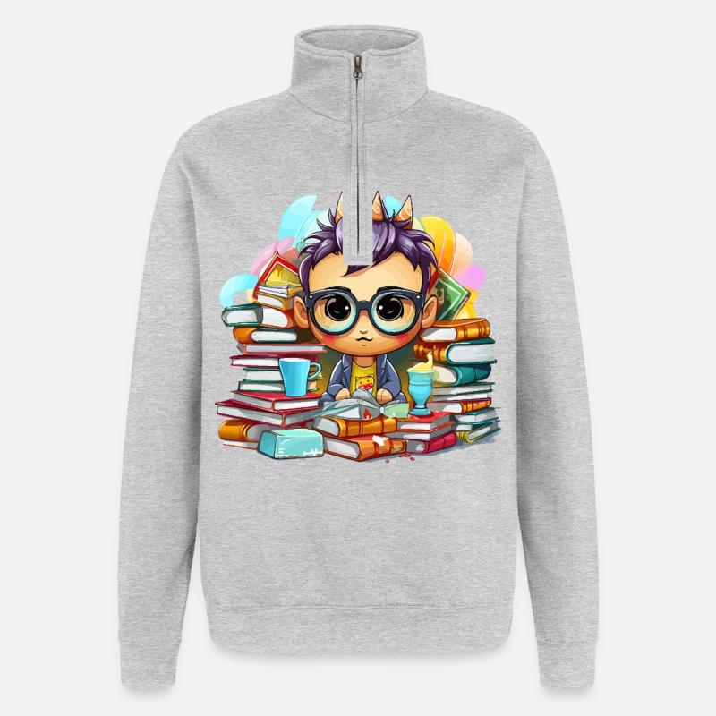 Learning hero Chibi with books - Quarter-Zip Sweatshirt - heather grey