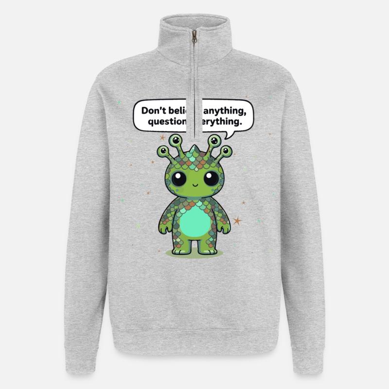 Neugieriges Alien - Statement: Hinterfrage alles - Quarter-Zip-Sweatshirt - Grau meliert