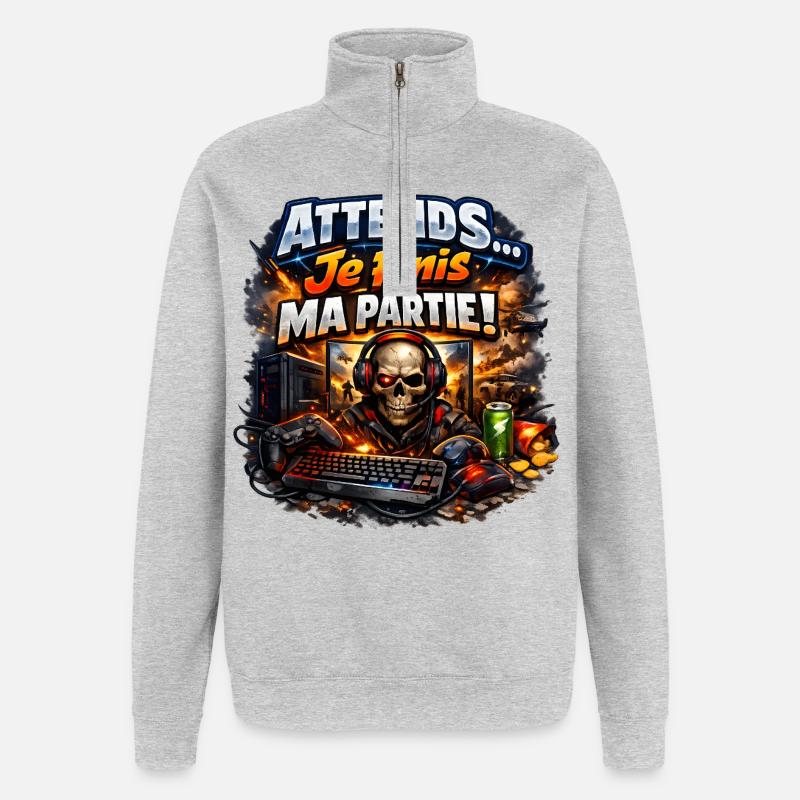 Attends… Je finis ma partie - Sweat à zip 1/4 - gris chiné