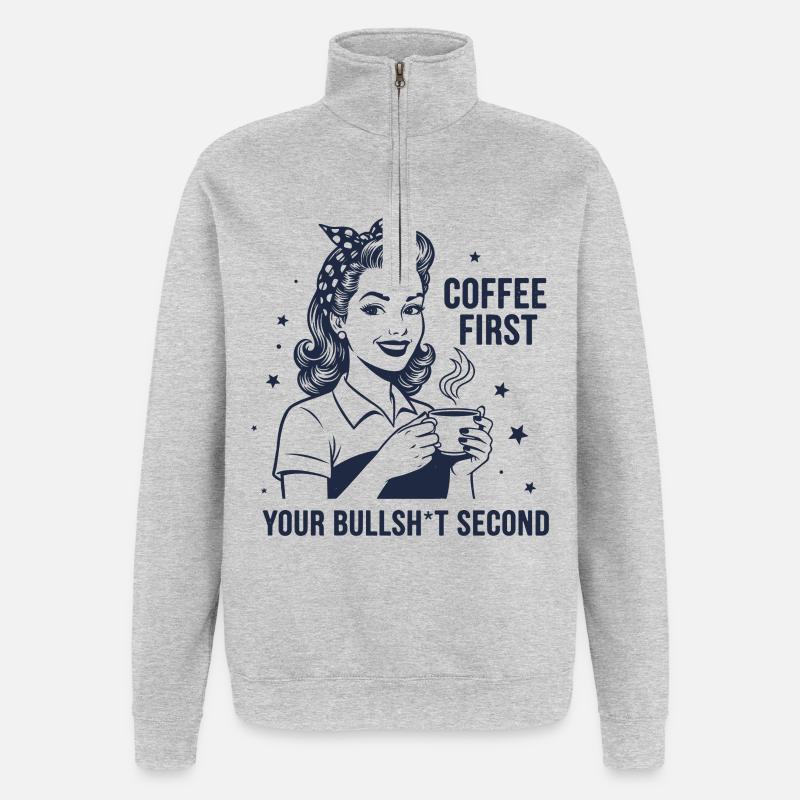 Erst Kaffee dann Meinung Retro Statement - Quarter-Zip-Sweatshirt - Grau meliert