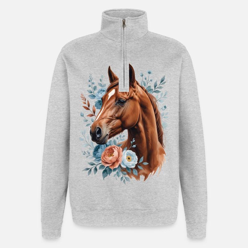 Cheval avec une couronne de fleurs - Sweat à zip 1/4 - gris chiné